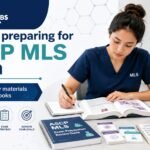 Student preparing for ASCP MLS exam with study materials and textbooks