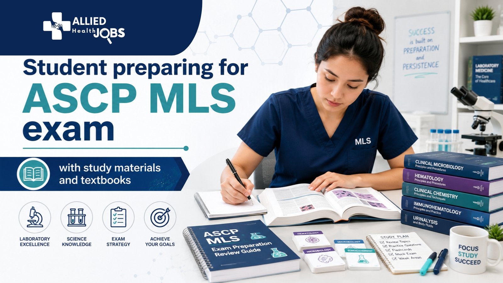 Student preparing for ASCP MLS exam with study materials and textbooks