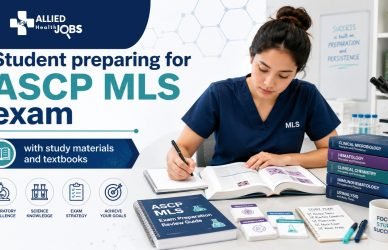 Student preparing for ASCP MLS exam with study materials and textbooks
